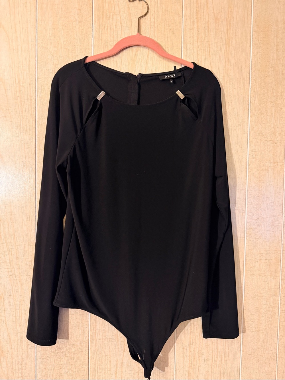 DKNY Black Long-Sleeve Bodysuit with Metal Accent